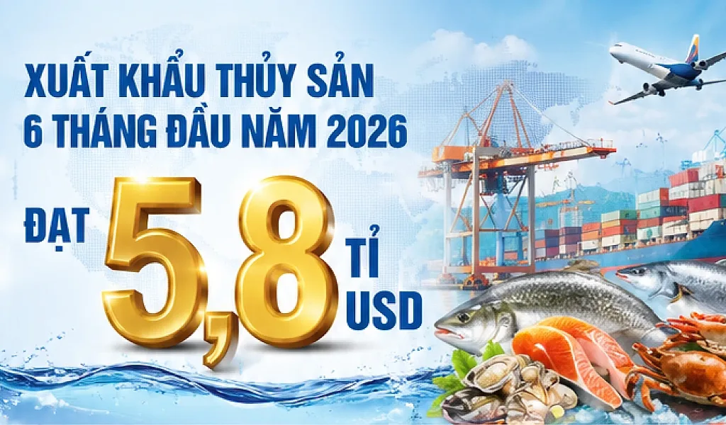 Infographic | Xuất khẩu thủy sản 6 tháng đầu năm 2026 đạt 5,8 tỷ USD