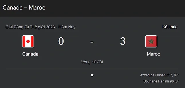 Đội tuyển Maroc đánh bại Canada 3-0, giành quyền vào tứ kết World Cup 2026