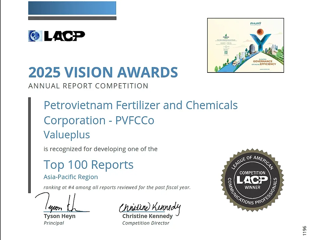 PVFCCo - Phú Mỹ xếp hạng nhì toàn cầu, giành 2 giải bạch kim tại LACP 2025 Vision Awards (Hoa Kỳ)