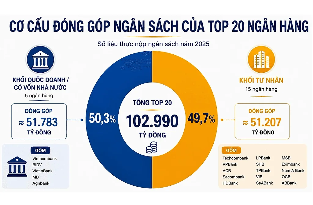 Top 20 ngân hàng nộp ngân sách lớn nhất Việt Nam 2026 — Vietcombank