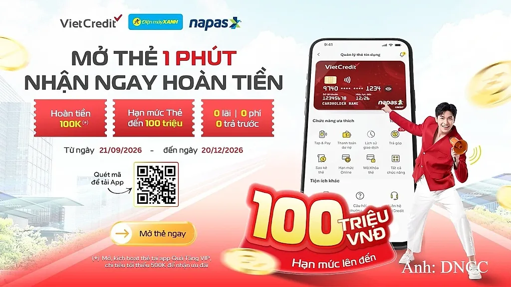 Mở thẻ TinCard, nhận hoàn tiền 100.000 đồng cùng NAPAS và VietCredit